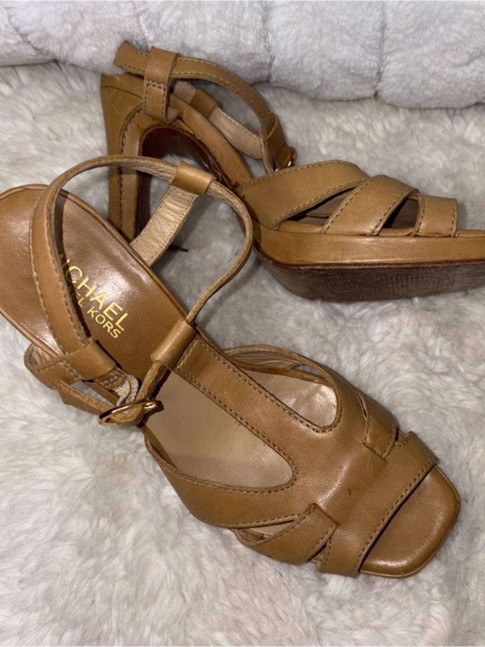 Michael Kors Cognac Leather Strappy Platform Heels size 51/2